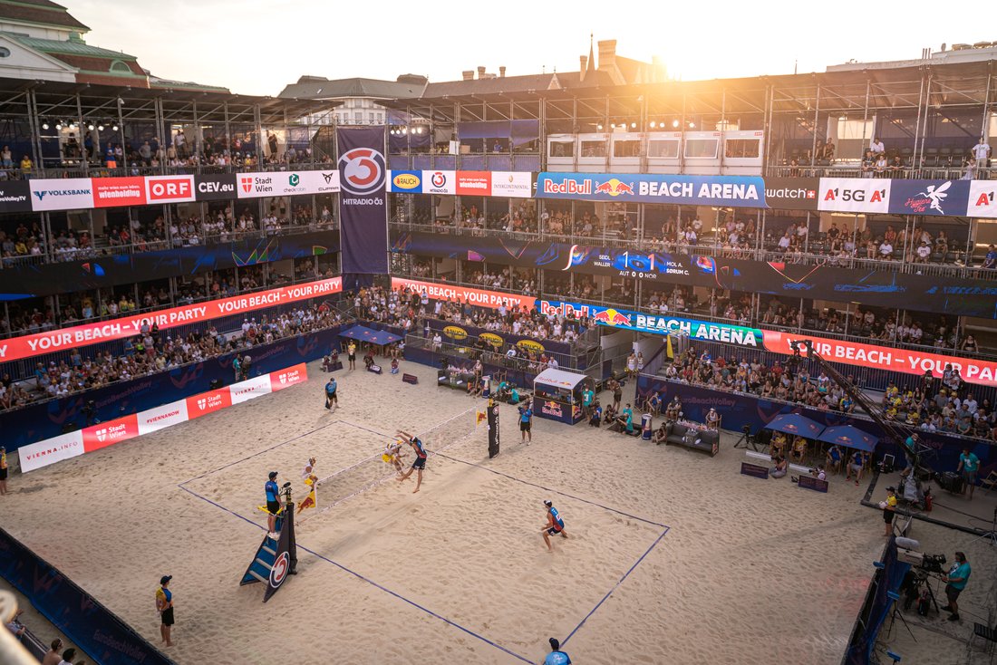Hier fühlen sich die deutschen Beach-Volleyballer:innen wohl: Das Stadion der EM in Wien
